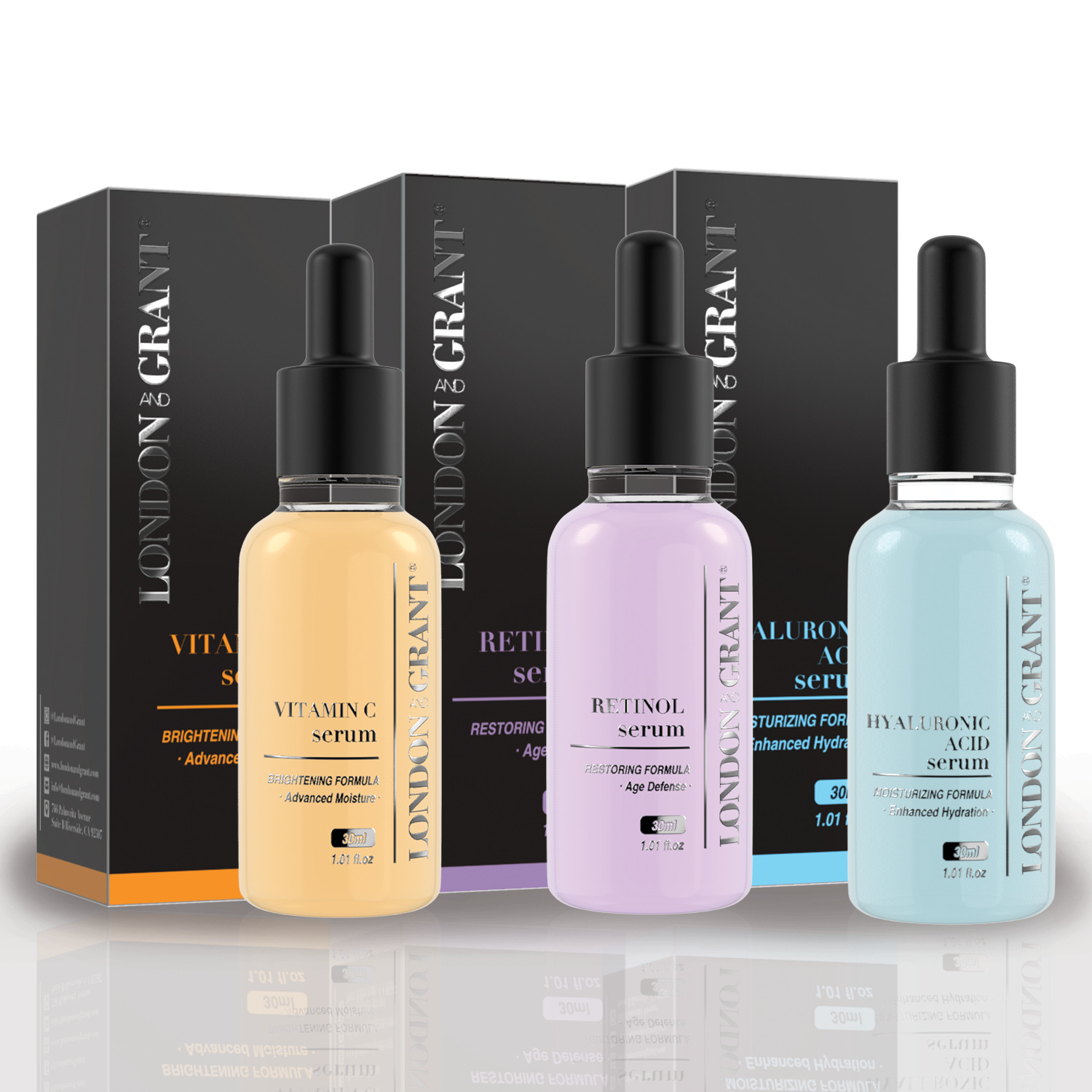 Face Serum Triple Kit - Hyaluronic Acid Serum (2%) - Vitamin C Serum (25%) - Retinol Serum (2.5%) 1 oz deliver hydration, more even tone, and clarity.